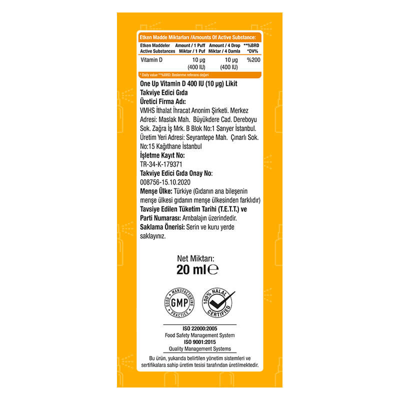 One Up D3 Vitamini 400 IU 20 ml Sprey & Damla