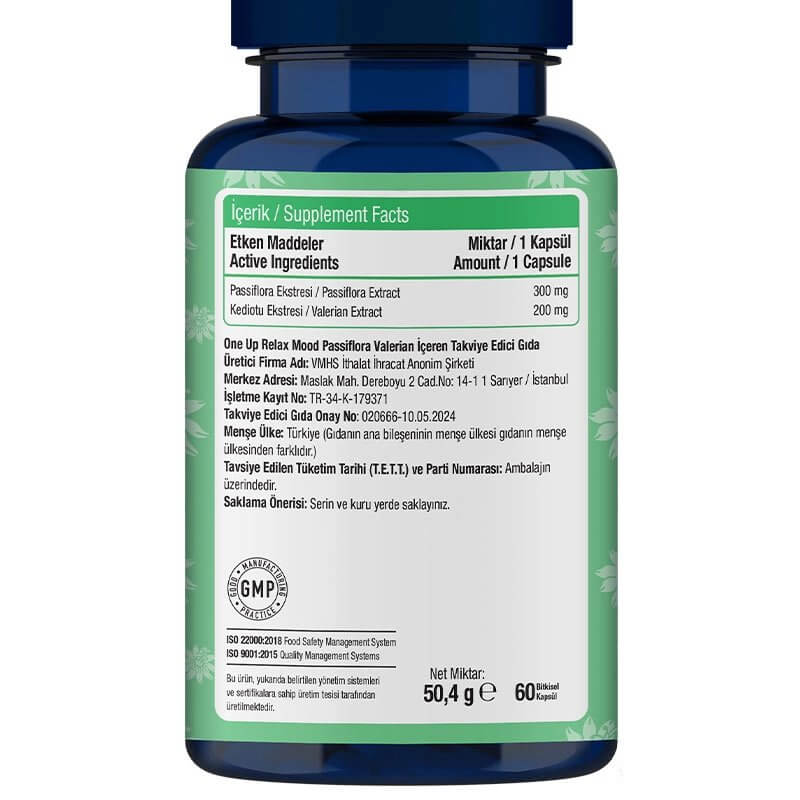 One Up Relax Mood Passiflora ve Valerian 60 Kapsül