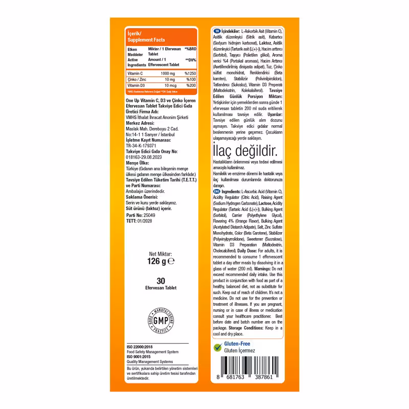 One Up Üçlü Etki C Vitamini + Çinko + D Vitamini 2 x 15 Efervesan Tablet