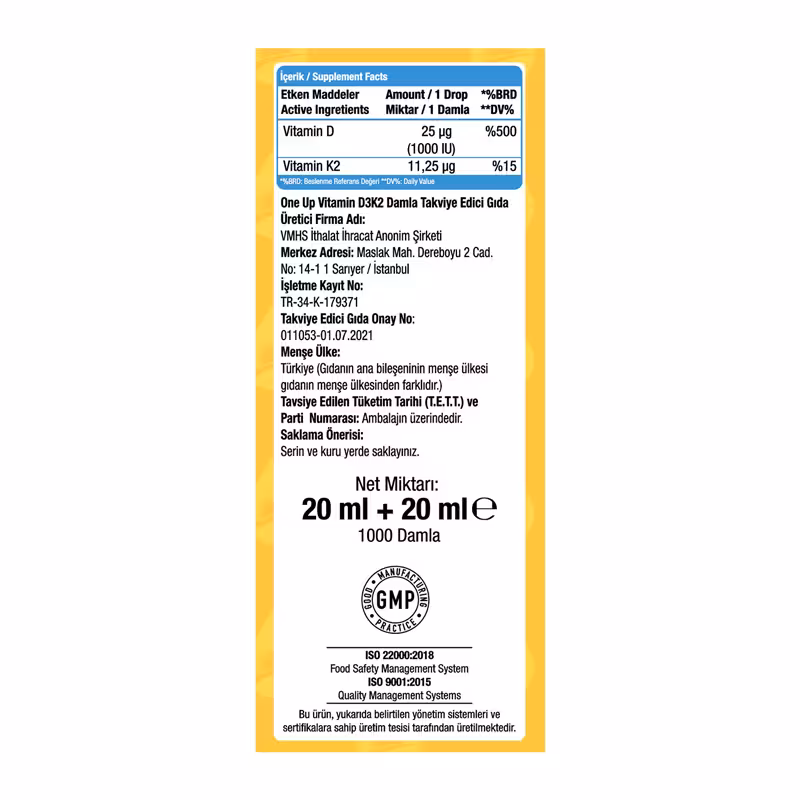 One Up D3 + K2 Vitamini 2 x 20 mL Damla